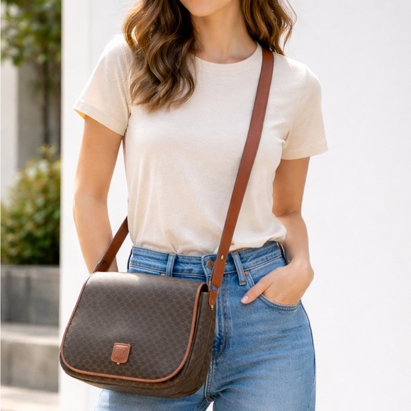 Celine Handbags - Celine Brown Patterned Crossbody Bag with Leather Trim